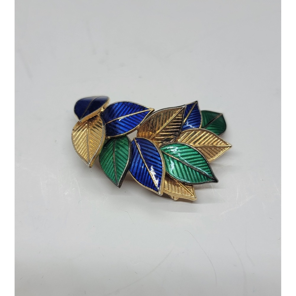 Vintage Enamel Blue Green Gold Tone Leaves Leaf Brooch